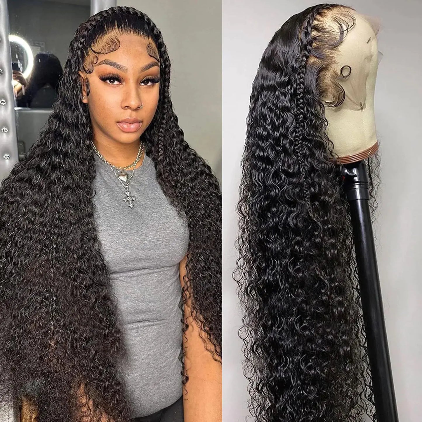 13x6 Water Wave Lace Front Wigs Human Hair Wigs 10A 250 Density HD Transparent Wet and Wavy Lace Front Wigs Human Hair Glueless Deep Curly Lace Frontal Wigs Human Hair Pre Plucked for Women (34 Inch)