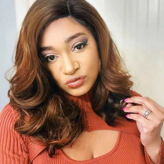 Quick Wig Loose Wave Bob Wig Side Part Short Curly Wavy Wig for Black Women Ombre Brown Glueless Lace Part Synthetic Wig Shoulder Length Body Wave Wig