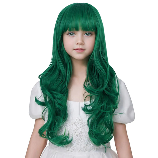 Edivd Kids Dark Green Wig Long Green Wig with Flat Bangs for Child Long Dark Green Wavy Curly Wig for Girls Heat Resistant Synthetic Wig with Wig Cap