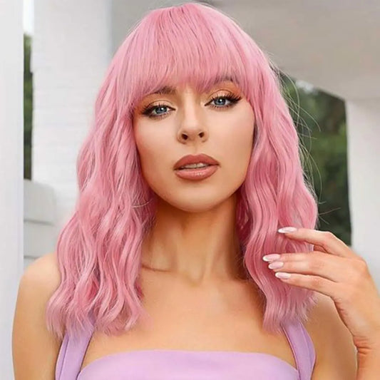 LOSMOEER Pink Wig with Bangs Short Wavy Wigs for Women Shoulder Length Curly Bob Wigs Heat Resistant Synthetic Wigs for Halloween Cosplay Daily Party Use