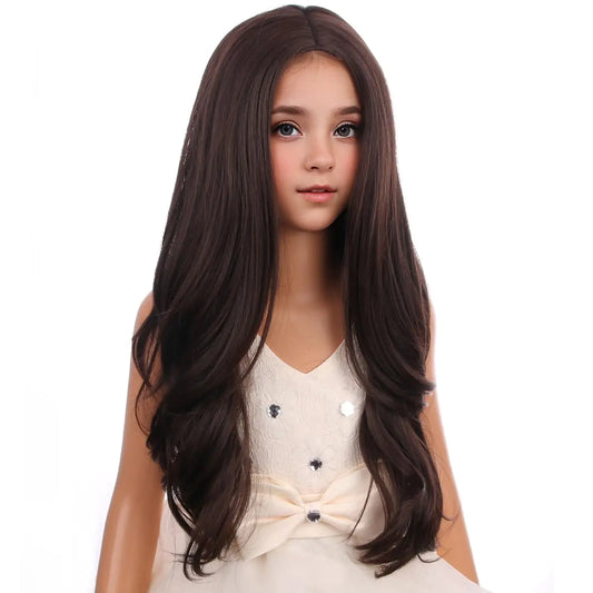 PATTNIUM Long Curly Wavy Brown Wig for Kids Child Mixed Brown Wig Girls Middle Part Dark Brown Synthetic Wig with Wig Cap