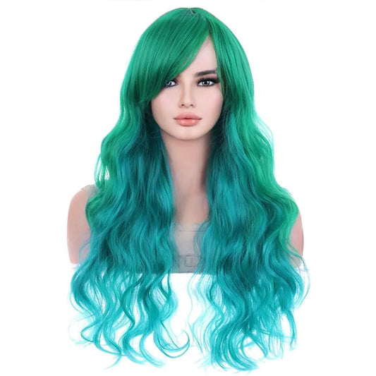 RightOn Green Wig Long Wavy Wig Green Wigs with Bangs for Women Green Wig Long Curly Wig with Wig Cap