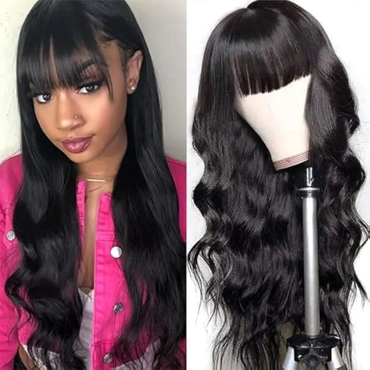 CORDELIA Body Wave Wigs with Bangs Human Hair Wigs for Black Women None Lace Front Wigs 150% Density Brazilian Virgin Hair Glueless Wig Natural Color (24inch)