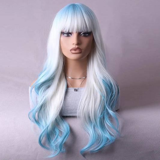RightOn Blue Ombre Wig Long Wavy Wig Ombre Blue Wig with Bangs Blue Wigs with Wig Cap