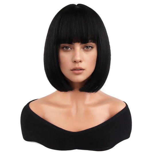 MAGQOO Black Wig for Women Black Bob Wig with Bangs Short Straight Black Wigs Synthetic Cosplay Party Wig with Wig Cap